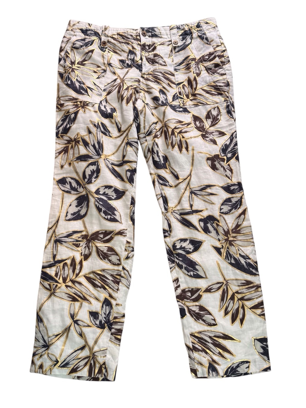 J. Crew Size 6 Linen Garden Print Pants Gold Leaf Foil Vacation Tropical Resort